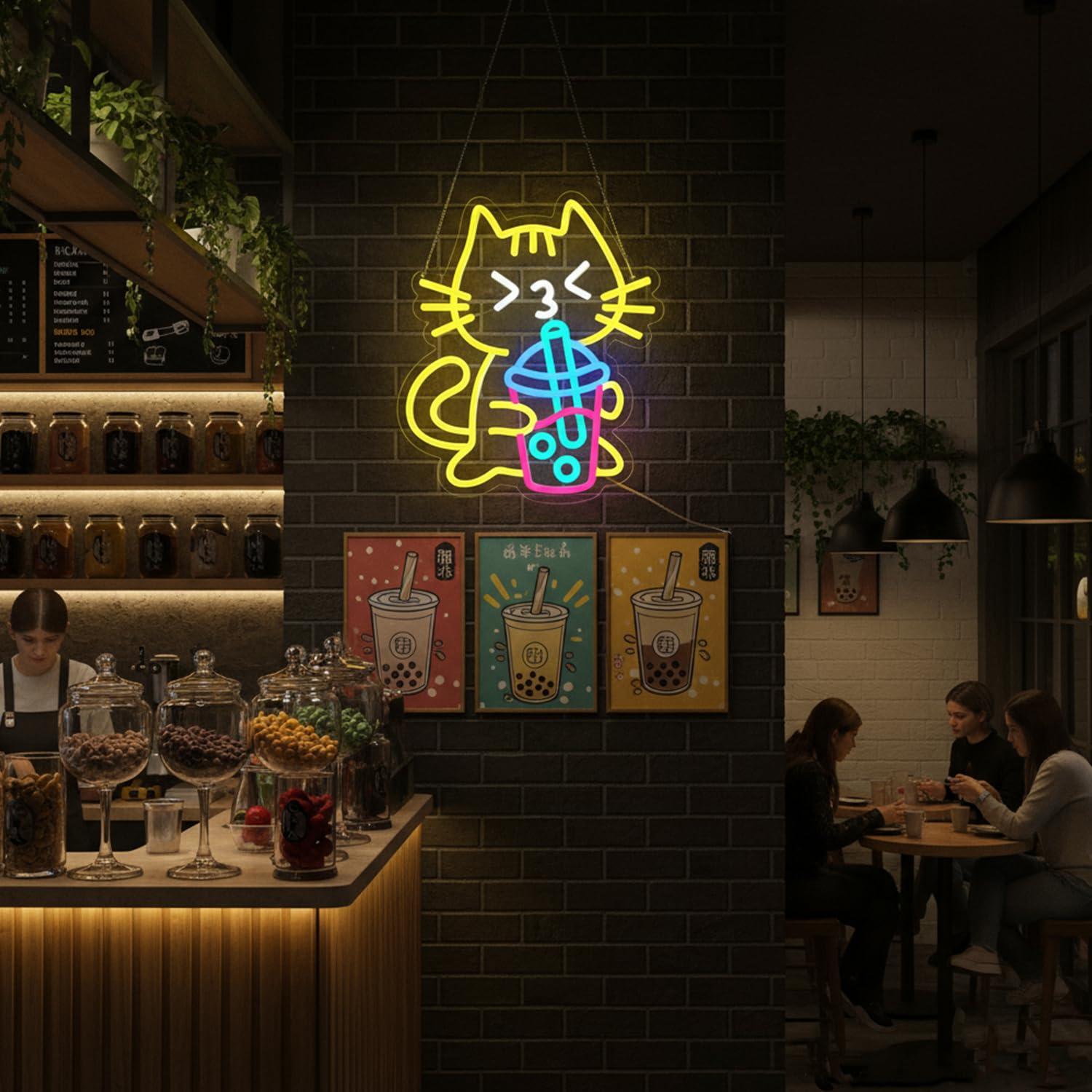 Cat Boba Tea Neon Sign Cute An - Coffee Tea Neon Sign recension och pris