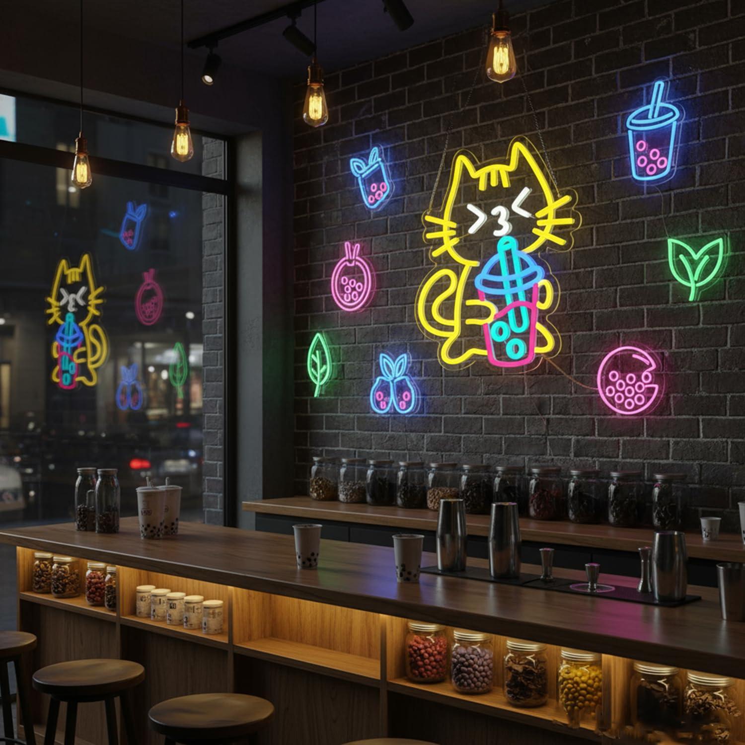 Cat Boba Tea Neon Sign Cute An - Coffee Tea Neon Sign recension och pris